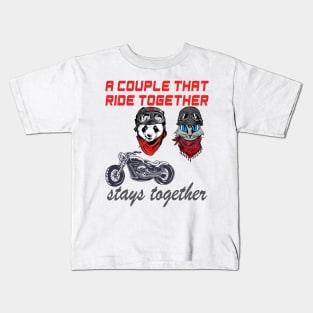 Cute Panda and cat couple that rides together stays together Kids T-Shirt